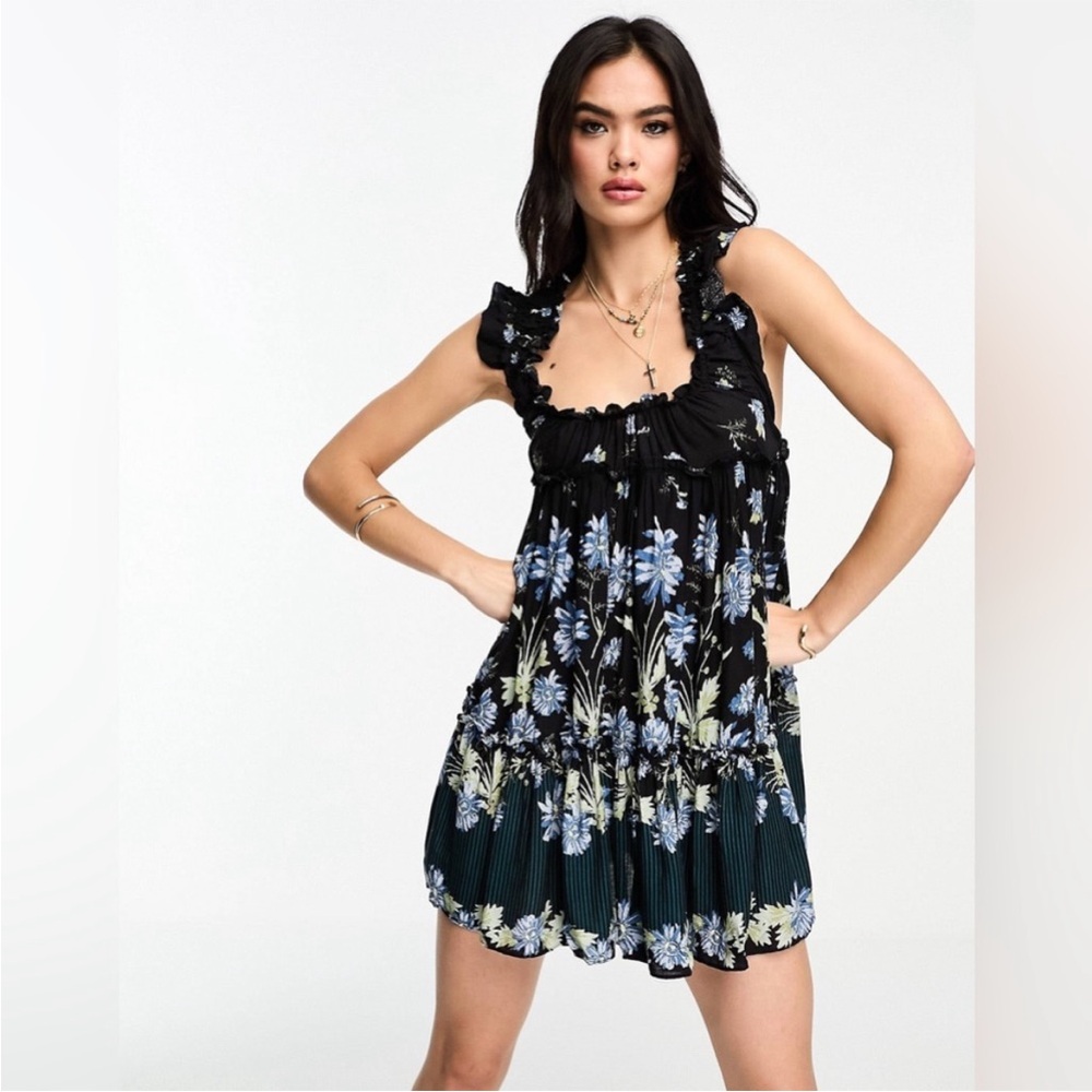 Intimately by Free People Black and Blue Floral Mini Dress